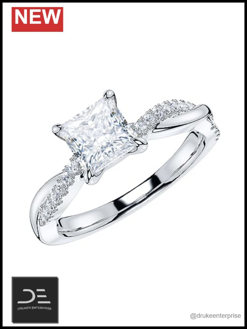 Sterling Silver Moissanite Engagement Ring 4-Prong Princess Cut